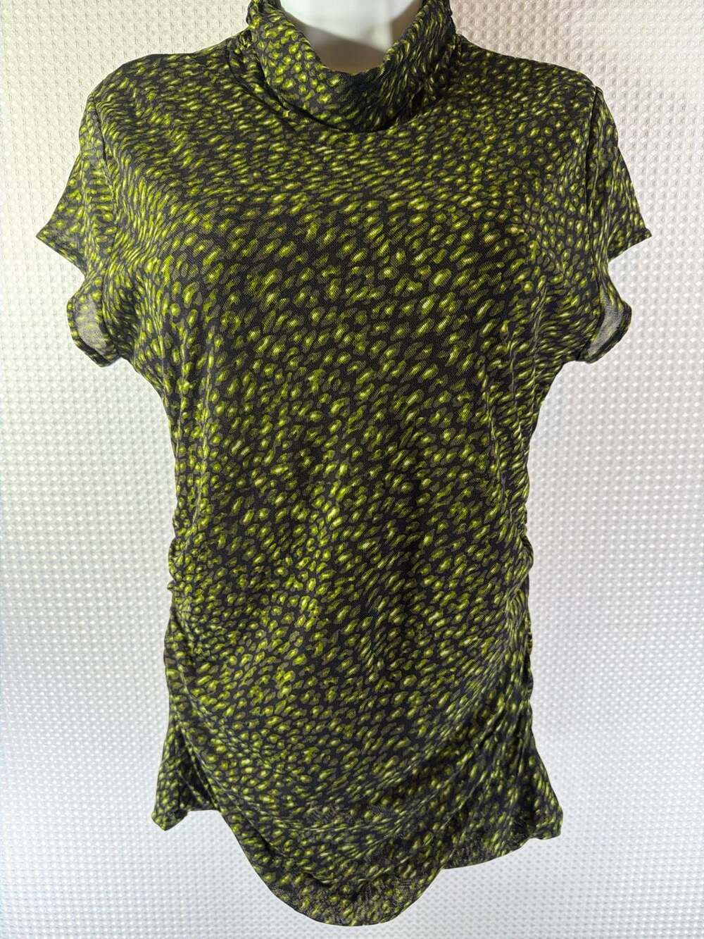 Chaus Green and Black Abstract Animal Print Mesh Mock Neck Ruched Top